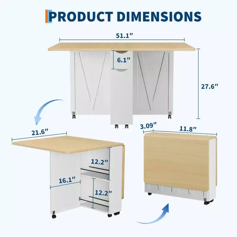 Table de salle à manger pliante convertible avec rangement, chariot de cuisine roulant avec étagères pour petits espaces, en bois manufacturé
