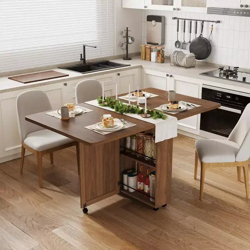 Table de salle à manger pliante convertible avec rangement, chariot de cuisine roulant avec étagères pour petits espaces, en bois manufacturé