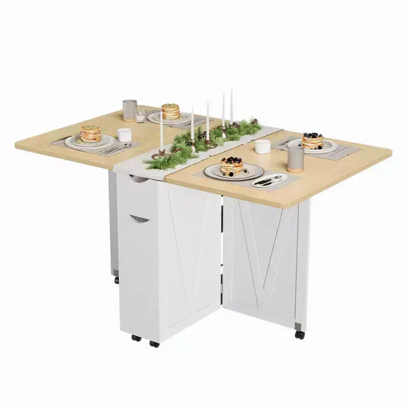 Table de salle à manger pliante convertible avec rangement, chariot de cuisine roulant avec étagères pour petits espaces, en bois manufacturé