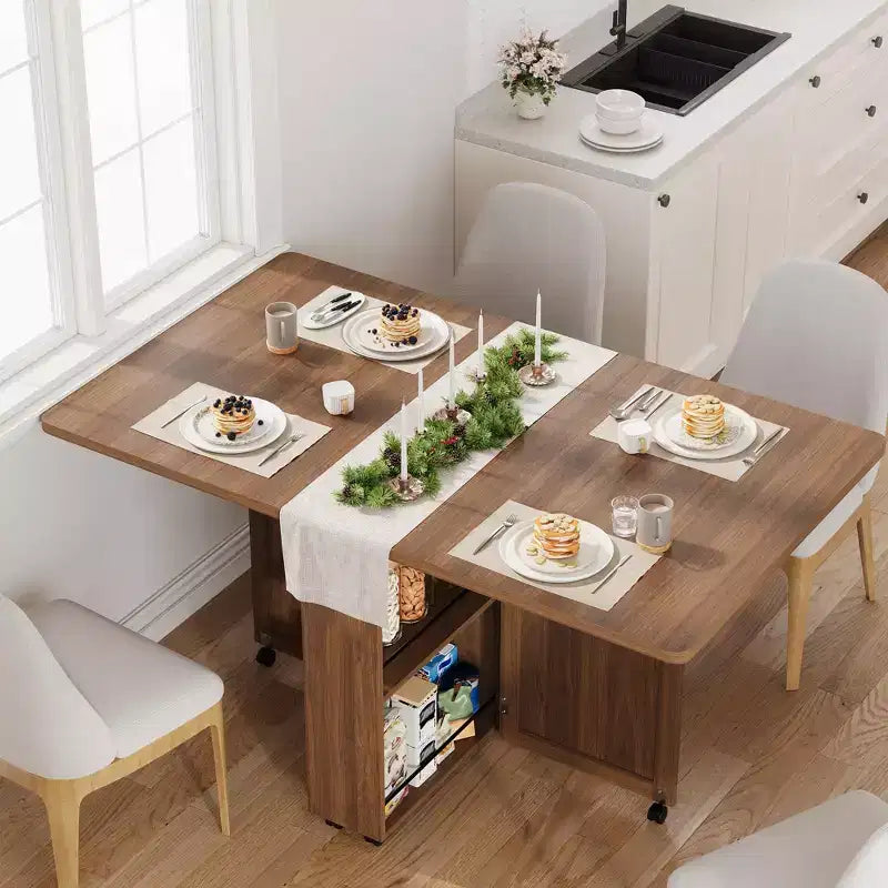 Convertible Folding Dining Table with Storage, Rolling Kitchen Cart Table with Shelves for Small Spaces, Engineered