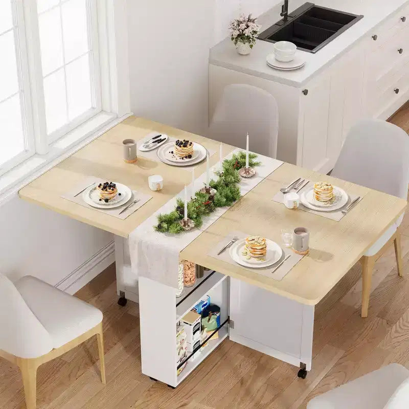 Table de salle à manger pliante convertible avec rangement, chariot de cuisine roulant avec étagères pour petits espaces, en bois manufacturé