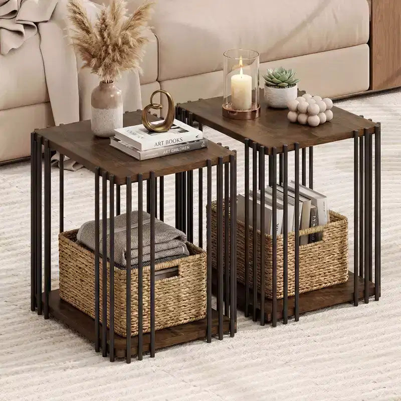 Costway Table d'appoint en bois de caoutchouc 1/2 PCS avec étagères de rangement à 2 niveaux, cadre en métal pour salon