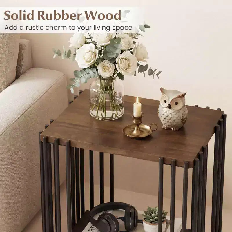 Costway Table d'appoint en bois de caoutchouc 1/2 PCS avec étagères de rangement à 2 niveaux, cadre en métal pour salon