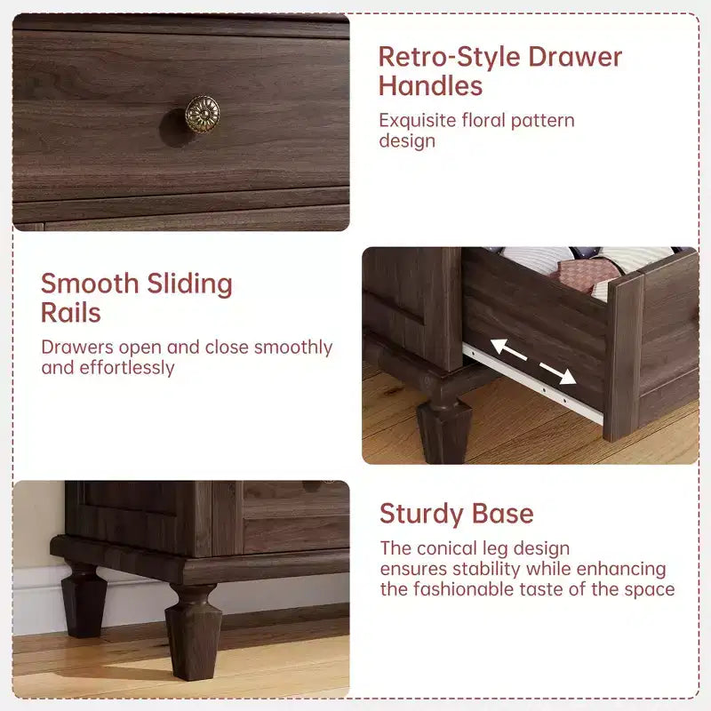 Commode vintage en bois à 4 tiroirs avec poignées sculptées et pieds fuselés, grand meuble de rangement à tiroirs pour chambre, salon et entrée