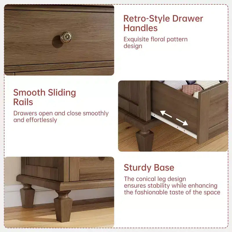 Commode vintage en bois à 4 tiroirs avec poignées sculptées et pieds fuselés, grand meuble de rangement à tiroirs pour chambre, salon et entrée