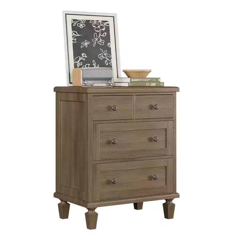 Commode vintage en bois à 4 tiroirs avec poignées sculptées et pieds fuselés, grand meuble de rangement à tiroirs pour chambre, salon et entrée