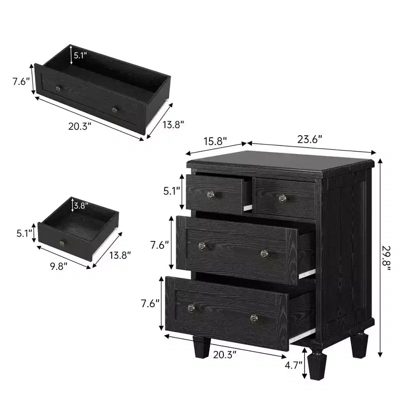 Commode vintage en bois à 4 tiroirs avec poignées sculptées et pieds fuselés, grand meuble de rangement à tiroirs pour chambre, salon et entrée