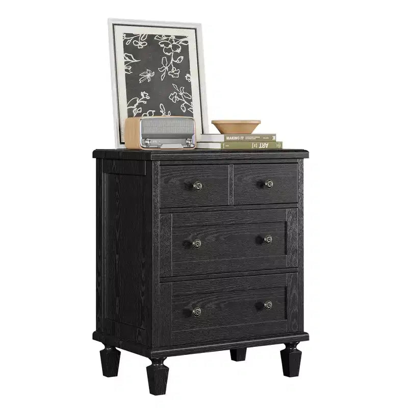 Commode vintage en bois à 4 tiroirs avec poignées sculptées et pieds fuselés, grand meuble de rangement à tiroirs pour chambre, salon et entrée