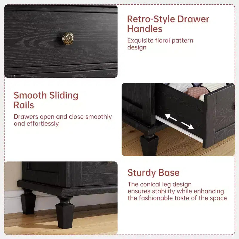 Commode vintage en bois à 4 tiroirs avec poignées sculptées et pieds fuselés, grand meuble de rangement à tiroirs pour chambre, salon et entrée