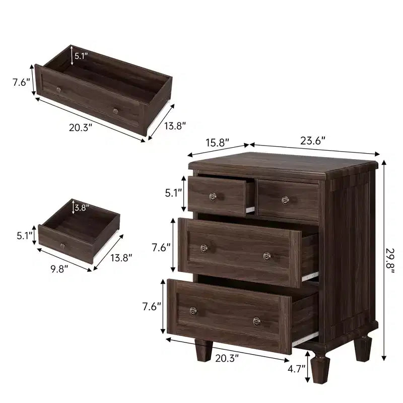 Commode vintage en bois à 4 tiroirs avec poignées sculptées et pieds fuselés, grand meuble de rangement à tiroirs pour chambre, salon et entrée
