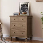 Commode vintage en bois à 4 tiroirs avec poignées sculptées et pieds fuselés, grand meuble de rangement à tiroirs pour chambre, salon et entrée