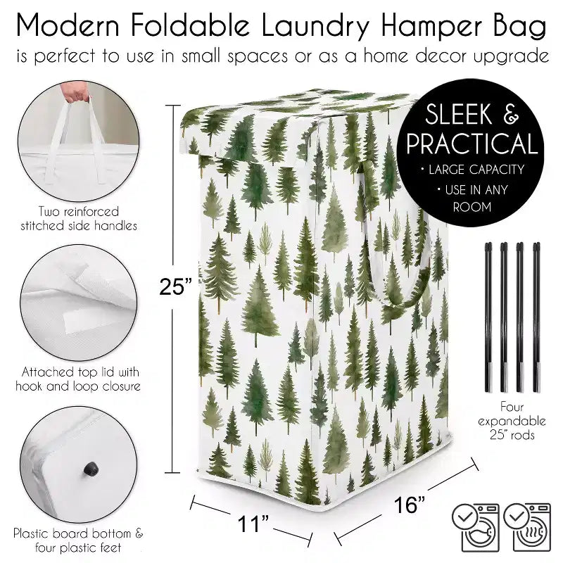 Sweet Jojo Designs Panier à linge pliable pour garçon, fille, unisexe/neutre avec poignées Motif pin sylvestre vert et blanc