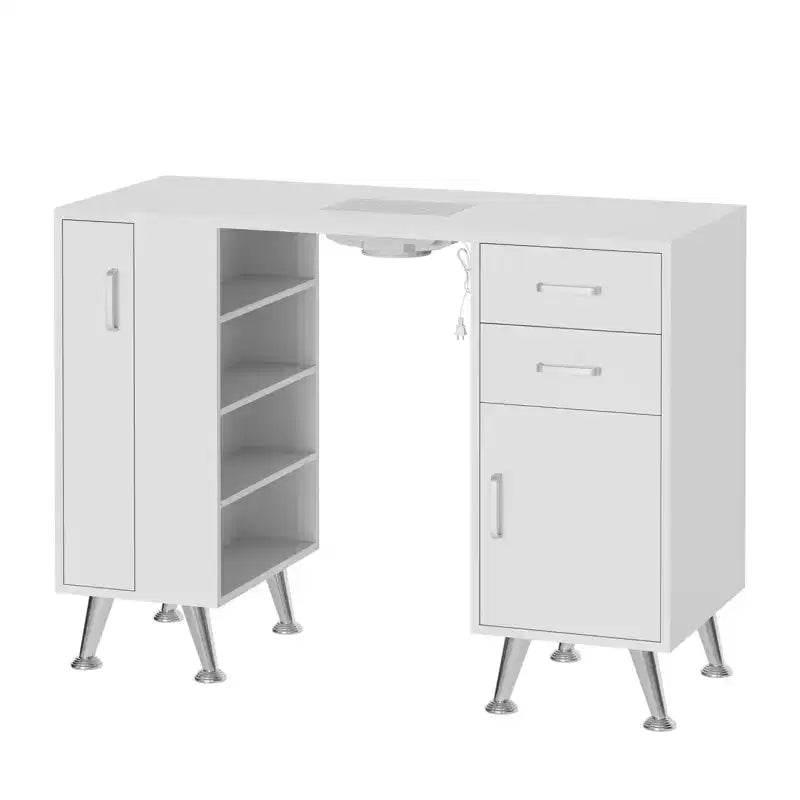 Professional nail salon table with glass top, featuring a fine particle collector, wrist rest, storage drawers and cabinets, white.