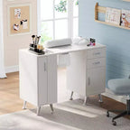 Table professionnelle de salon de manucure avec plateau en verre, dotée d'un collecteur de fines particules, d'un repose-poignet, de tiroirs et de placards de rangement, blanche.