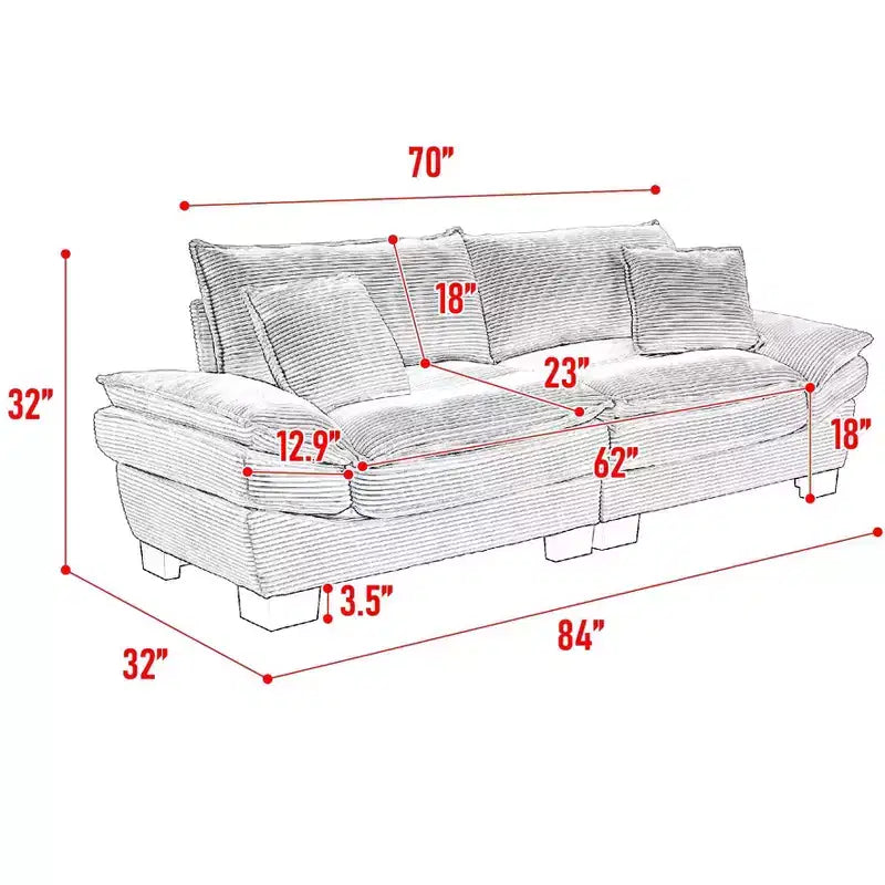 FurnitureR Canapé 3 places surdimensionné de 213 cm, avec coussins moelleux et assise profonde, en velours côtelé doux pour le salon