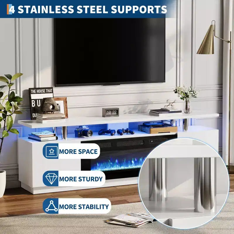 Meuble TV avec cheminée électrique - Radiateur de cheminée de 36 pouces avec 12 couleurs de flamme, console de centre de divertissement à 2 niveaux avec rangement pour téléviseurs jusqu'à 80 pouces, blanc