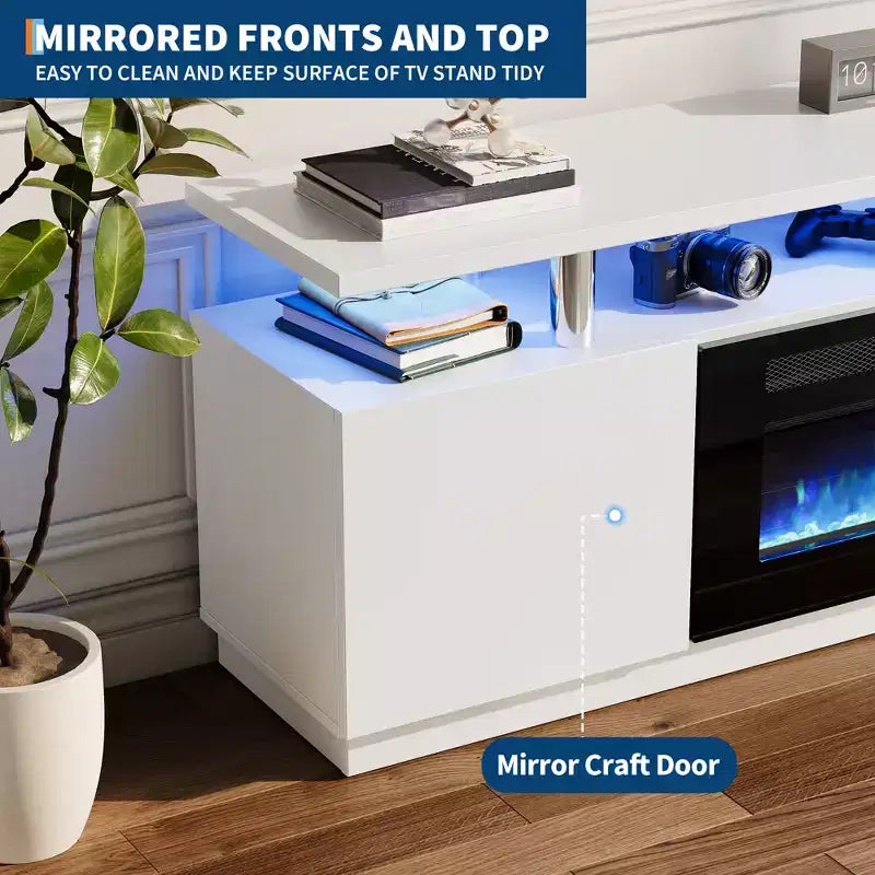 Meuble TV avec cheminée électrique - Radiateur de cheminée de 36 pouces avec 12 couleurs de flamme, console de centre de divertissement à 2 niveaux avec rangement pour téléviseurs jusqu'à 80 pouces, blanc