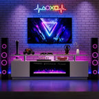 Meuble TV avec cheminée électrique - Radiateur de cheminée de 36 pouces avec 12 couleurs de flamme, console de centre de divertissement à 2 niveaux avec rangement pour téléviseurs jusqu'à 80 pouces, blanc
