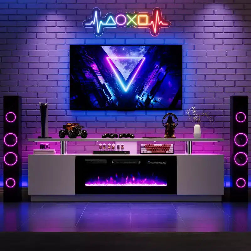 Meuble TV avec cheminée électrique - Radiateur de cheminée de 36 pouces avec 12 couleurs de flamme, console de centre de divertissement à 2 niveaux avec rangement pour téléviseurs jusqu'à 80 pouces, blanc