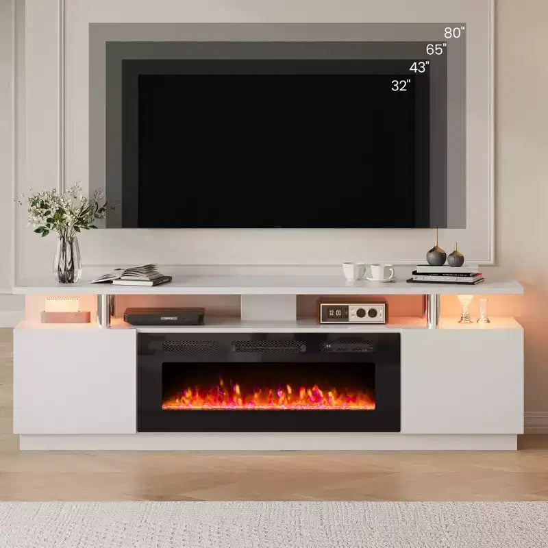 Meuble TV avec cheminée électrique - Radiateur de cheminée de 36 pouces avec 12 couleurs de flamme, console de centre de divertissement à 2 niveaux avec rangement pour téléviseurs jusqu'à 80 pouces, blanc