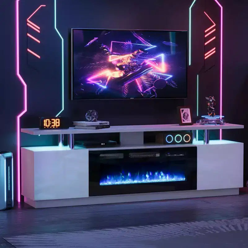 Meuble TV avec cheminée électrique - Radiateur de cheminée de 36 pouces avec 12 couleurs de flamme, console de centre de divertissement à 2 niveaux avec rangement pour téléviseurs jusqu'à 80 pouces, blanc