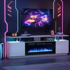 Meuble TV avec cheminée électrique - Radiateur de cheminée de 36 pouces avec 12 couleurs de flamme, console de centre de divertissement à 2 niveaux avec rangement pour téléviseurs jusqu'à 80 pouces, blanc