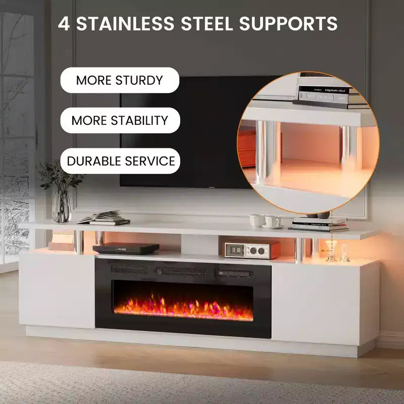 Meuble TV avec cheminée électrique - Radiateur de cheminée de 36 pouces avec 12 couleurs de flamme, console de centre de divertissement à 2 niveaux avec rangement pour téléviseurs jusqu'à 80 pouces, blanc