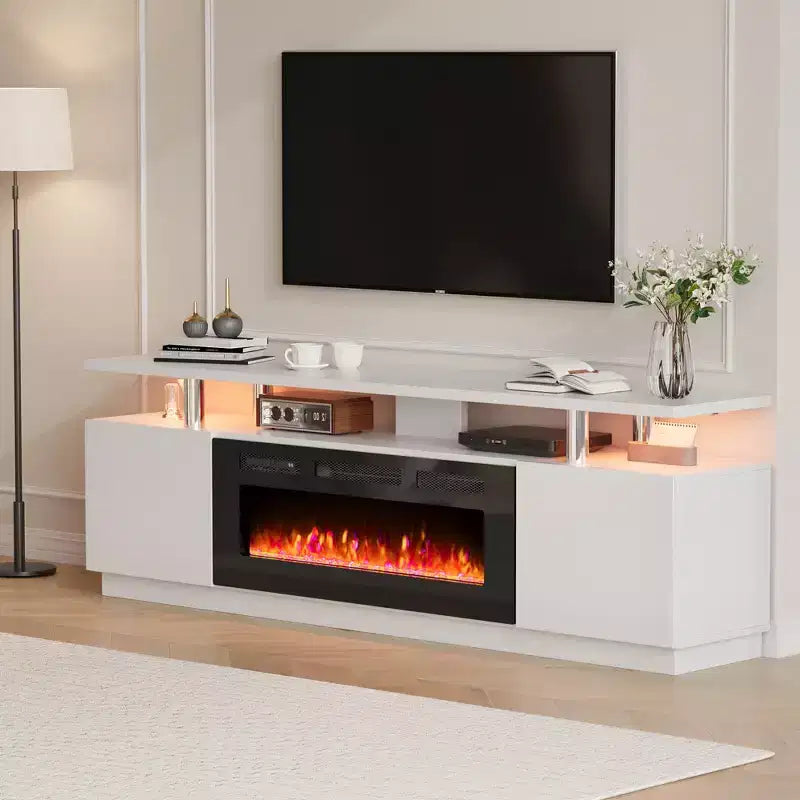 Meuble TV avec cheminée électrique - Radiateur de cheminée de 36 pouces avec 12 couleurs de flamme, console de centre de divertissement à 2 niveaux avec rangement pour téléviseurs jusqu'à 80 pouces, blanc