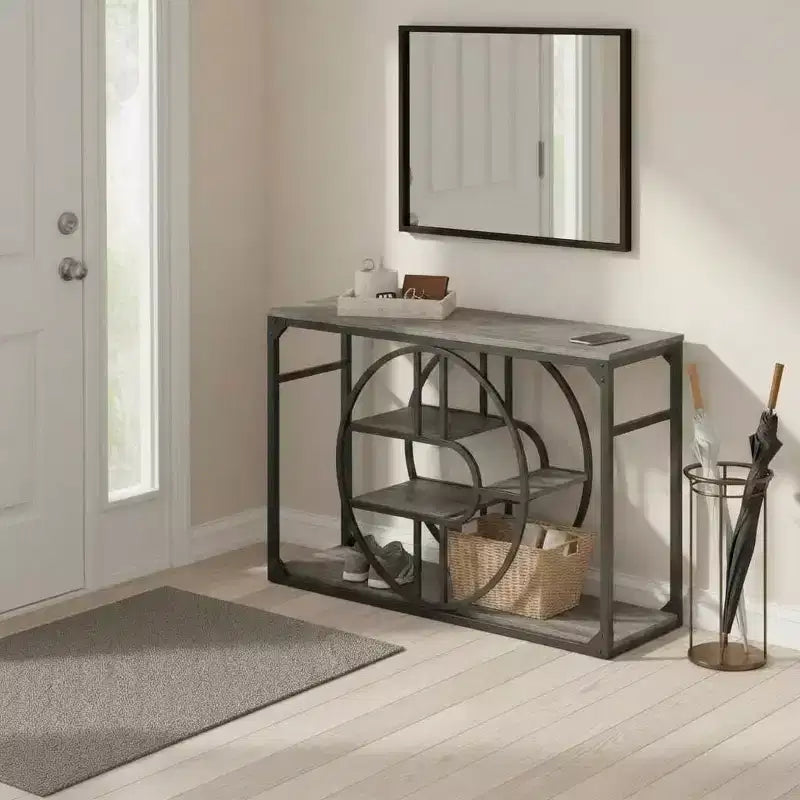 Table console CuisinSmart 55 en métal en forme de O, table d'entrée industrielle étroite avec rangement, table de canapé rustique pour salon, couloir, foyer
