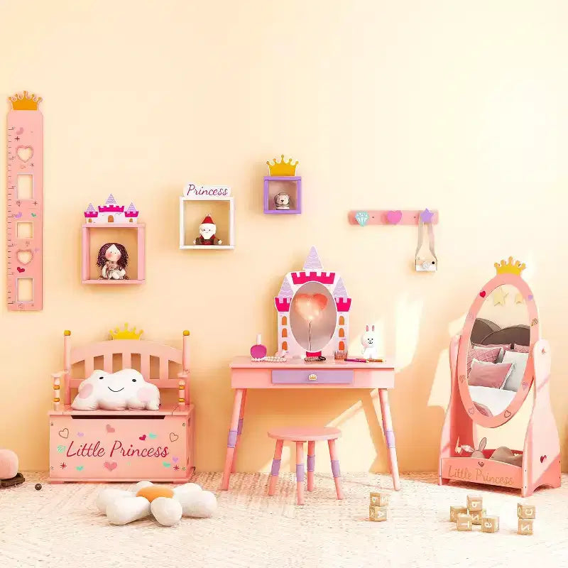 BALHAM TRADE-Coiffeuse Rose Enfant Château Jeu d'Imitation Table de Maquillage Chaise avec Tiroir Miroir