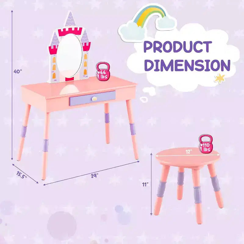 BALHAM TRADE-Coiffeuse Rose Enfant Château Jeu d'Imitation Table de Maquillage Chaise avec Tiroir Miroir