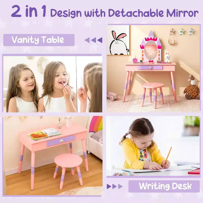 BALHAM TRADE-Coiffeuse Rose Enfant Château Jeu d'Imitation Table de Maquillage Chaise avec Tiroir Miroir
