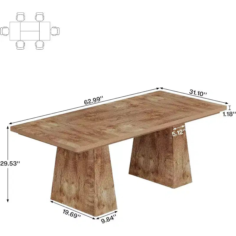 Table à manger Lantine pour 6 personnes, table de cuisine rectangulaire en bois de style ferme avec double piédestal, 160 L x 80 l x 76 H cm, Naturel