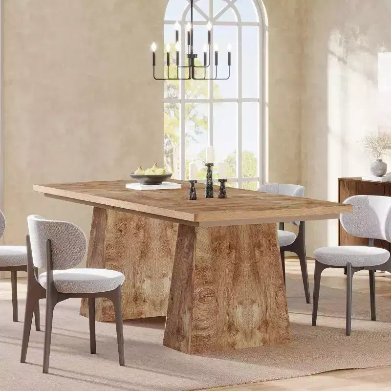 Table à manger Lantine pour 6 personnes, table de cuisine rectangulaire en bois de style ferme avec double piédestal, 160 L x 80 l x 76 H cm, Naturel