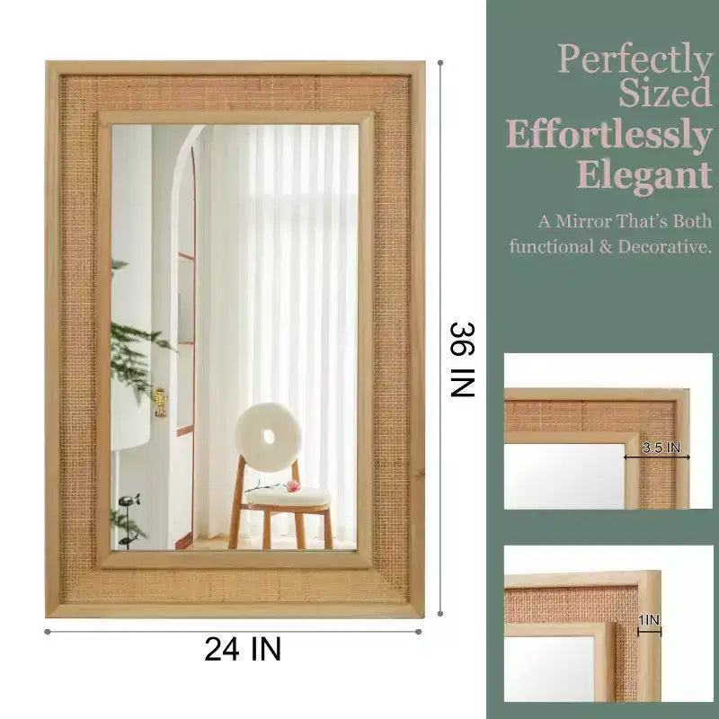 Miroir mural décoratif rectangulaire en rotin 24 x 36 avec cadre en bois, miroir d'appoint de style ferme pour salle de bain, entrée ou décoration intérieure - Panipeachy