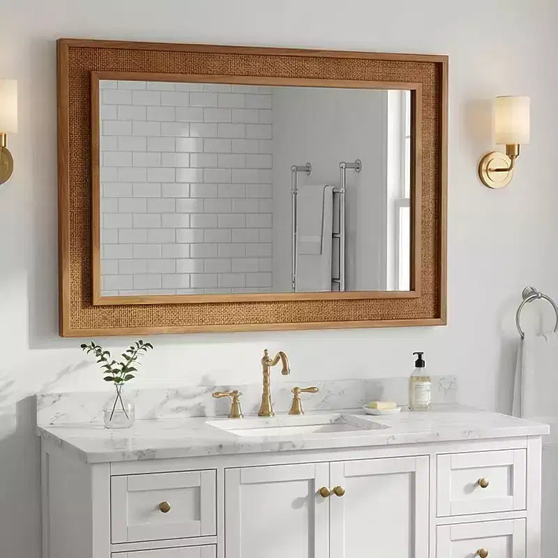 Miroir mural décoratif rectangulaire en rotin 24 x 36 avec cadre en bois, miroir d'appoint de style ferme pour salle de bain, entrée ou décoration intérieure - Panipeachy