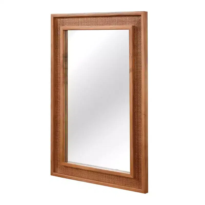 Miroir mural décoratif rectangulaire en rotin 24 x 36 avec cadre en bois, miroir d'appoint de style ferme pour salle de bain, entrée ou décoration intérieure - Panipeachy