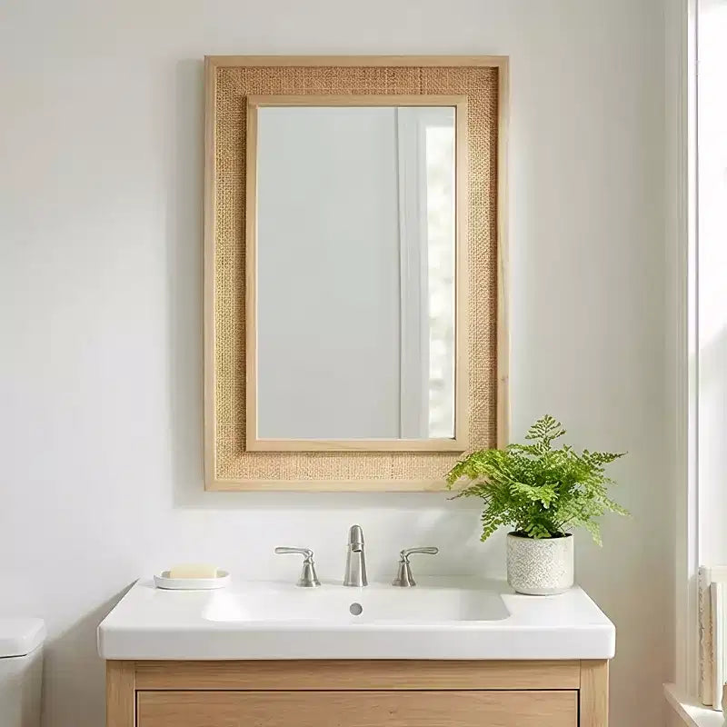 Miroir mural décoratif rectangulaire en rotin 24 x 36 avec cadre en bois, miroir d'appoint de style ferme pour salle de bain, entrée ou décoration intérieure - Panipeachy