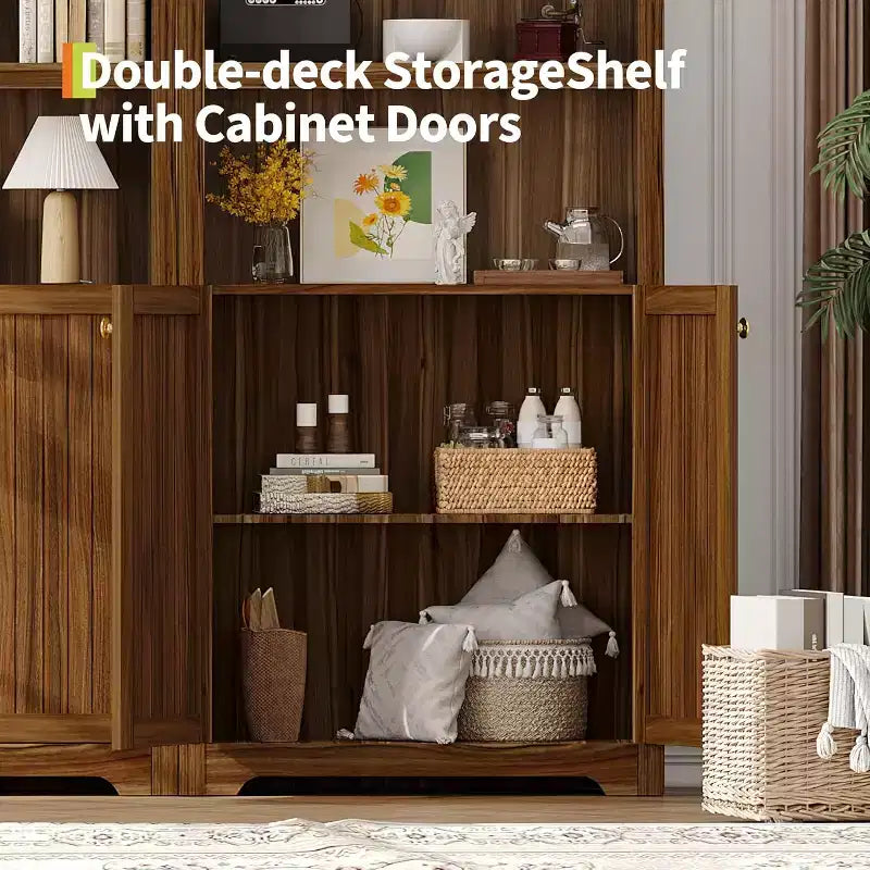 Meuble Blanc Moderne Voûté de 72 po - Étagère à 5 Niveaux en Bois avec Portes Doubles, Étagère Réglable, Poignées Noires, Bibliothèque Autonome pour Salon