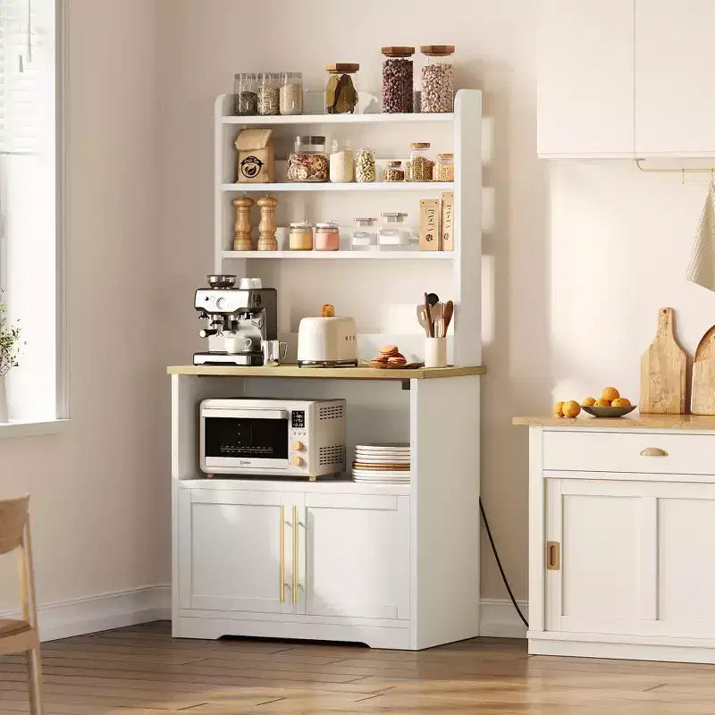 Meuble à micro-ondes de 160 cm de hauteur GustoWave, étagère de rangement style ferme avec prise électrique, plan de travail épaissi