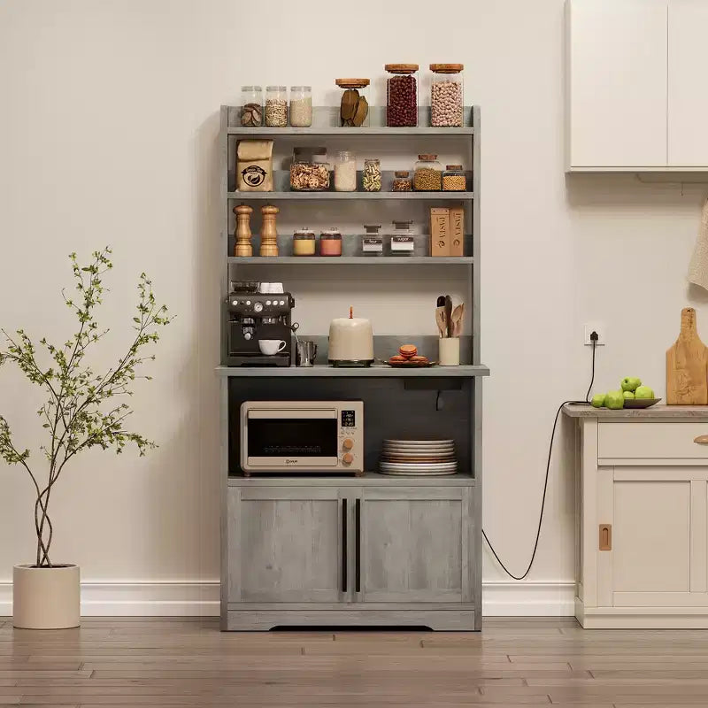 Meuble à micro-ondes de 160 cm de hauteur GustoWave, étagère de rangement style ferme avec prise électrique, plan de travail épaissi
