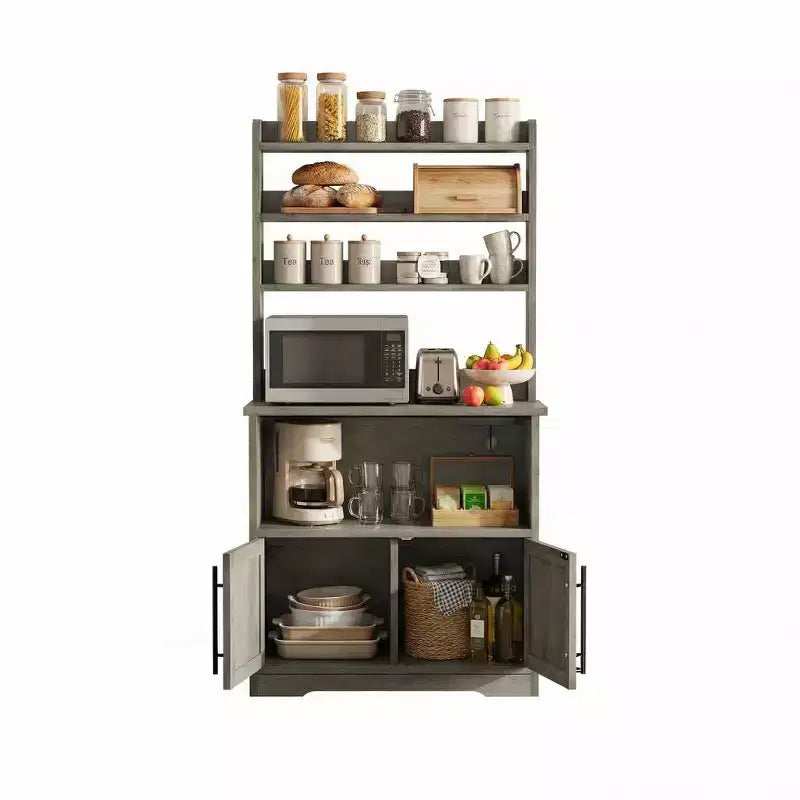 GustoWave 63'' Tall Microwave Stand Bakers Rack Cabinet, Farmhouse Bakers Rack with Power Outlet,Thickened Counter