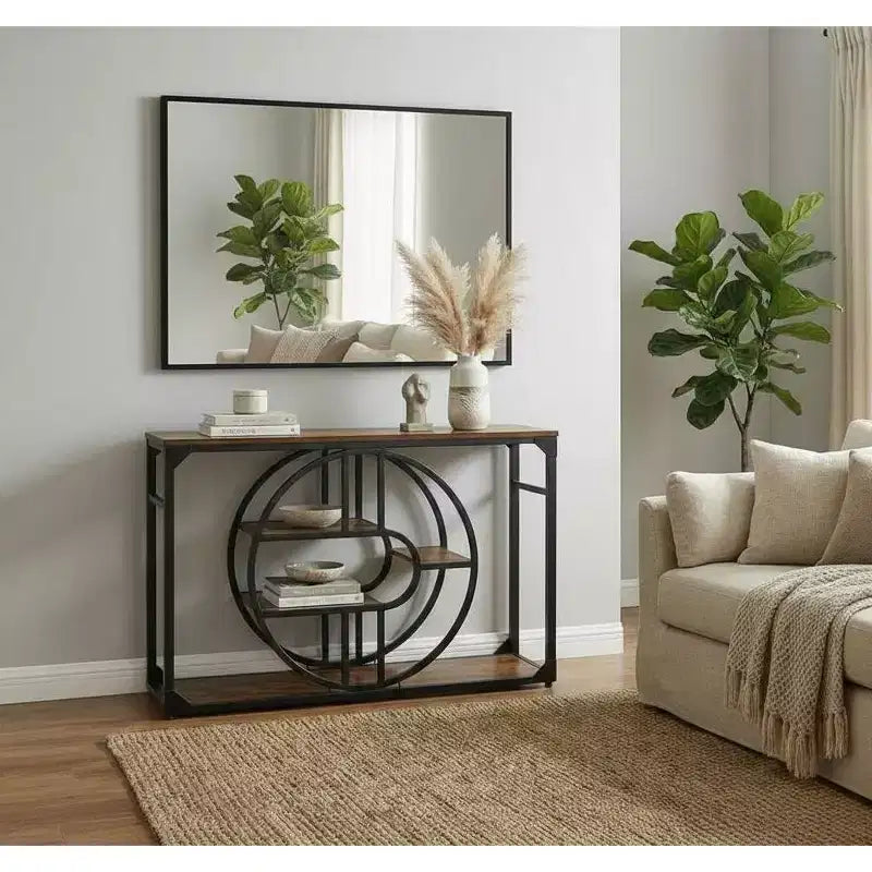 Console d'entrée 55" avec 5 niveaux de rangement, table de canapé industrielle avec cadre métallique en forme de O pour couloir et salon
