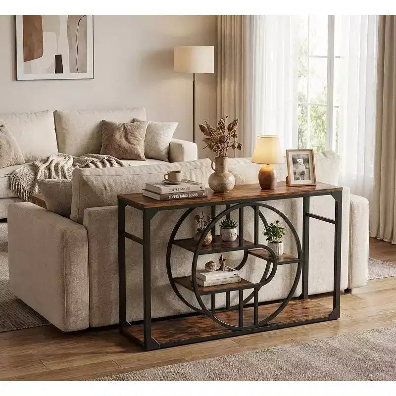 Console d'entrée 55" avec 5 niveaux de rangement, table de canapé industrielle avec cadre métallique en forme de O pour couloir et salon