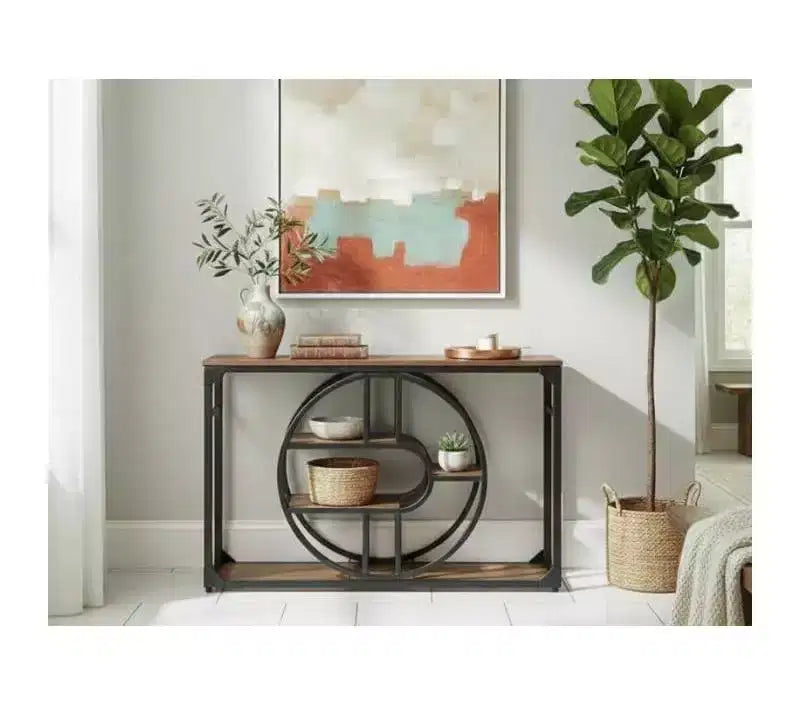 Console d'entrée 55" avec 5 niveaux de rangement, table de canapé industrielle avec cadre métallique en forme de O pour couloir et salon