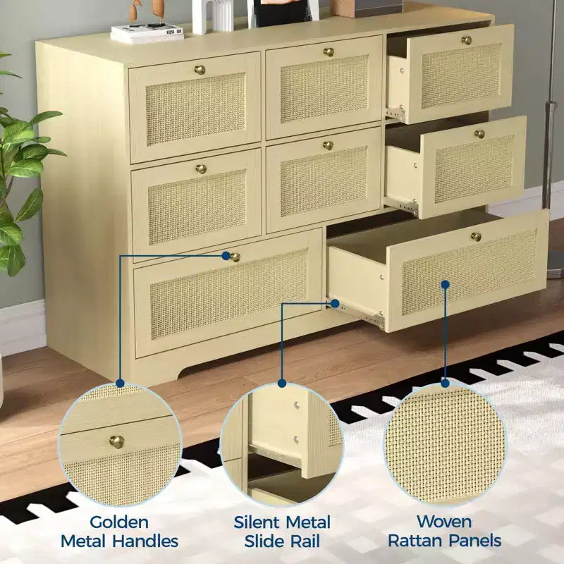 Commode 6 tiroirs en rotin, style bohème moderne, avec pieds en bois massif, organisateur autoportant pour chambre à coucher et salon