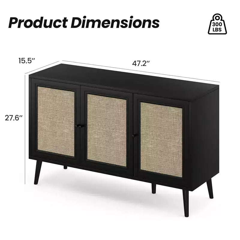 JVNOXK Bahut Buffet avec 3 Portes en Rotin, Console de Rangement de Cuisine Moderne pour Entrée Salon (Petit, Noir)