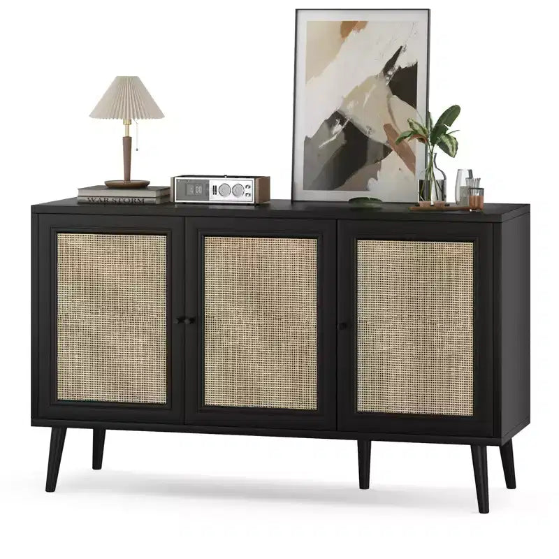 JVNOXK Bahut Buffet avec 3 Portes en Rotin, Console de Rangement de Cuisine Moderne pour Entrée Salon (Petit, Noir)