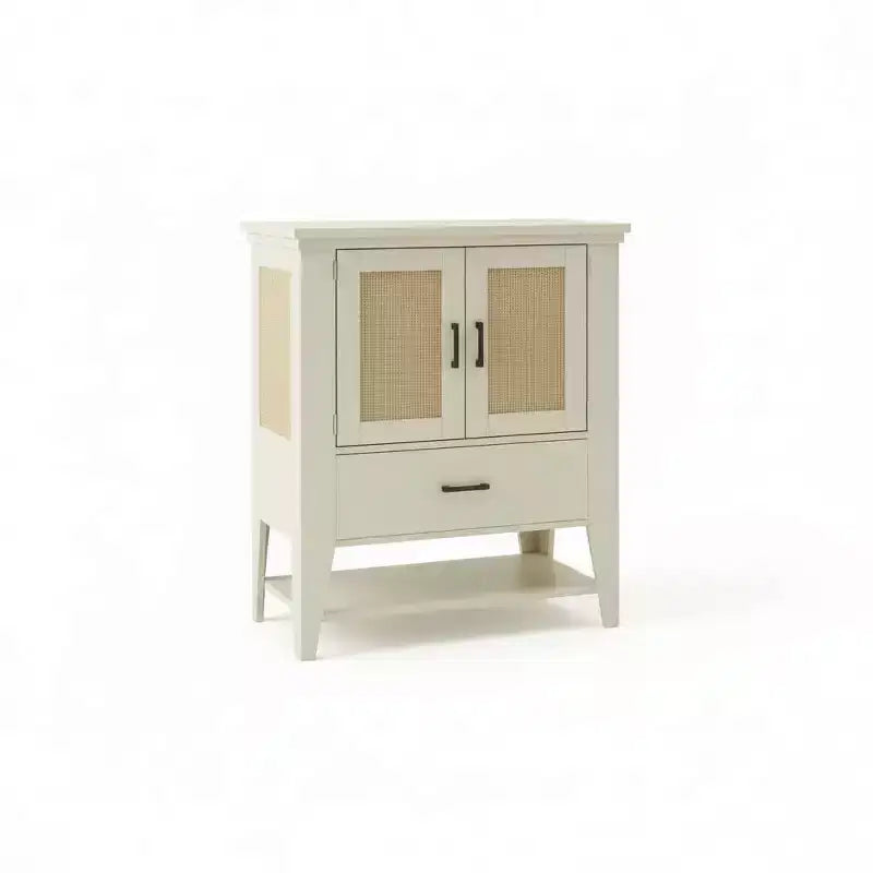 Rattan Sideboard Buffet Storage Cabinet with Drawer, White Coffee Bar Accent Cabinet, Kitchen Cupboard Console Table for Entryway, Living Room