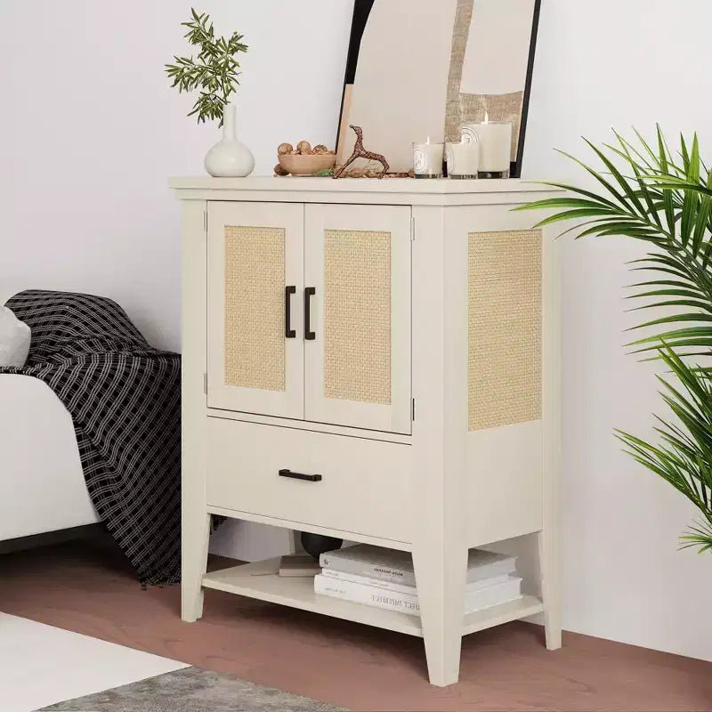 Bahut buffet en rotin avec tiroir, meuble de rangement, armoire d'appoint pour café blanc, meuble de cuisine, console pour entrée, salon